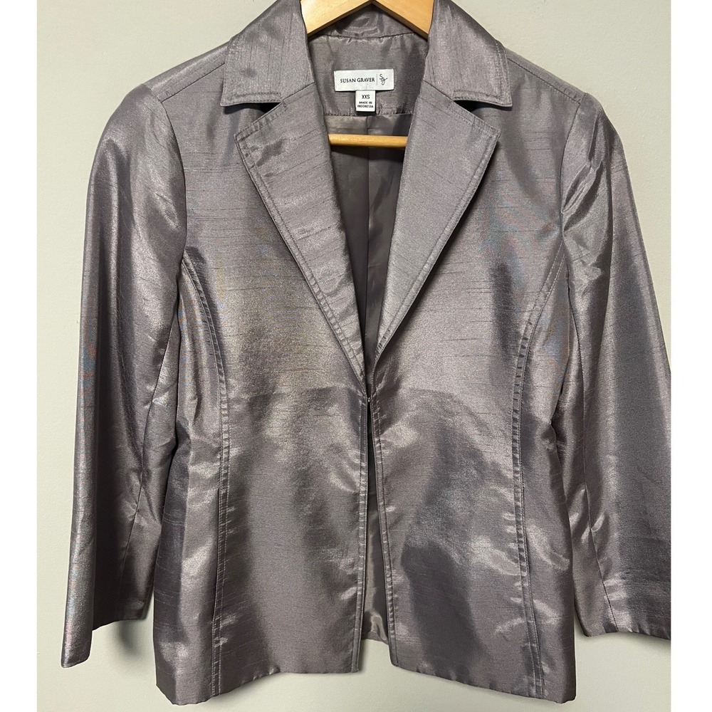 Susan Graver Blazer Women XXS Silver Pre-owned Metallic Textured 3/4 Sleeve